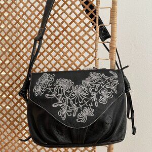 Black Embroidered Flap Shoulder Bag